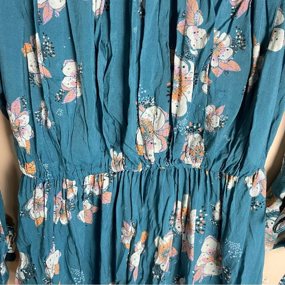 Free People Shirt Tuscan Dreams Printed Tunic Turquoise Blue Boho Floral Top - Picture 6 of 13